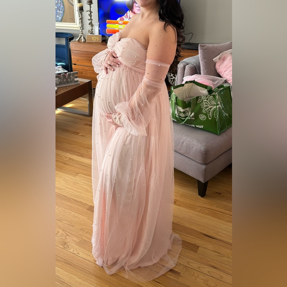 Maternity off shoulder mesh overlay dress